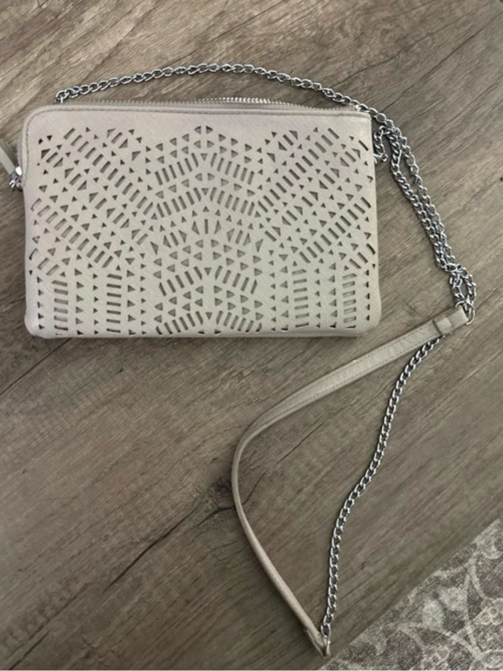 Madison West Cream Perforated Crossbody with Silver Chain